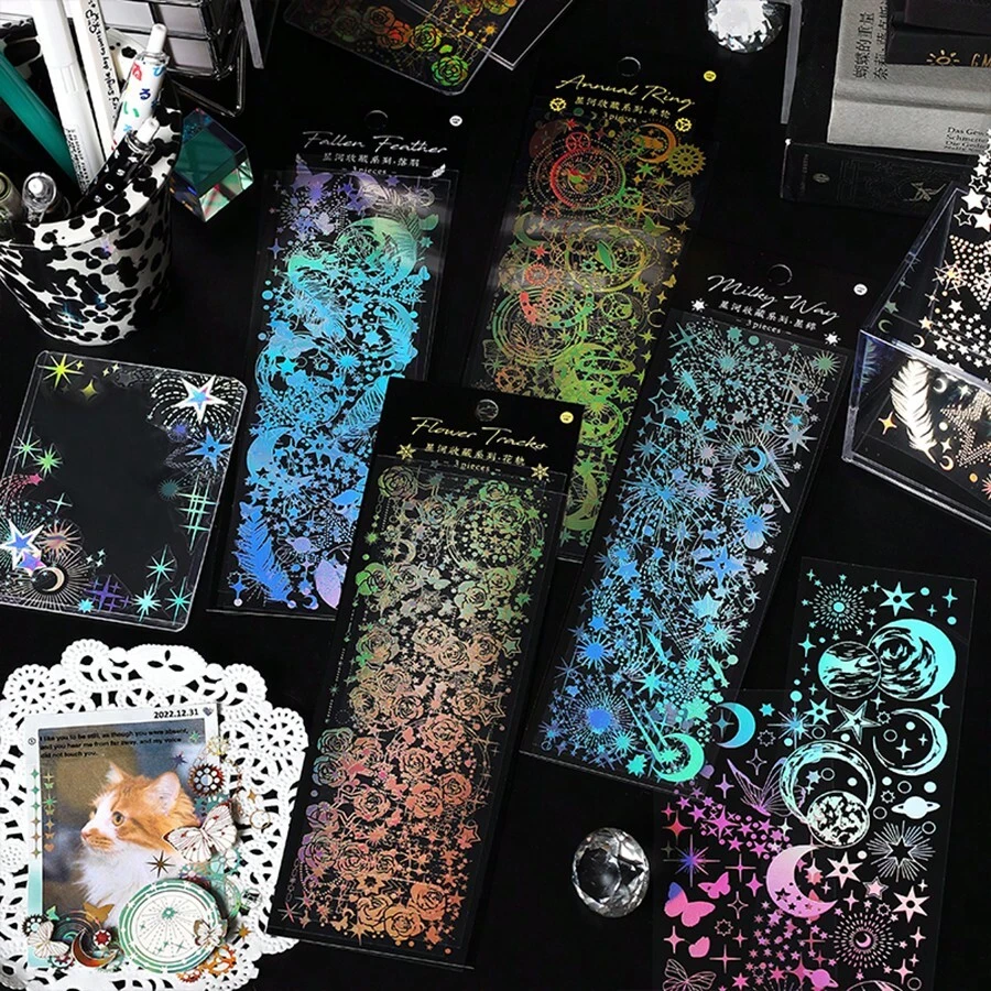 3 miếng/gói nhãn dán sổ lưu niệm theo chủ đề thiên hà, nhãn dán nghệ thuật sáng tạo cổ điển, vật liệu thủ công trang trí tự làm, quà tặng lễ hội, album nhãn dán cá nhân hóa văn phòng phẩm trường học (4 mẫu thiết kế khác nhau) - Vàng - Xem 1