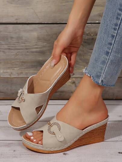 Women's New Design Man-Made Faux Pearl & Rhinestones Decor Thick Bottom Sandals With Wedge Heels For Comfortable Beach Vacation In Summer Valentines