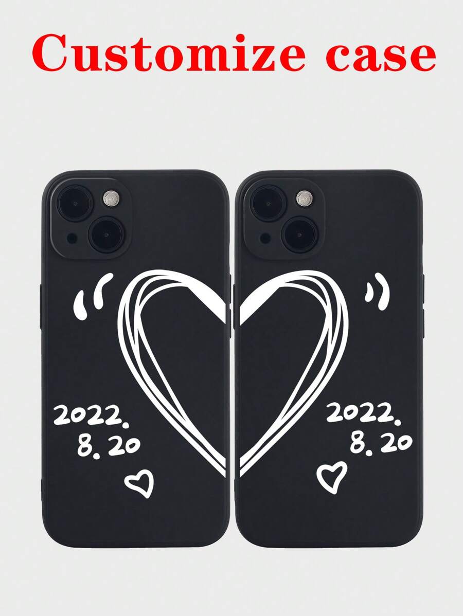 黑色爱心元素定制手机壳 时尚独特 软壳 可定制 适用于各种生活方式 家庭风景照和婚礼照片 周年纪念礼物 - 黑色 - 查看 1