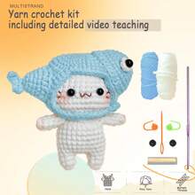 适合初学者的 DIY 猫与鱼帽钩针套件，带有分步视频教程和文本版本插图，易于理解和学习如何使用钩针钩织动物套件，适合创意节日和生日礼物