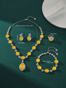 歐美風格白色鋯石四件式珠寶套裝,迪拜新娘婚禮阿拉伯晚禮服黃色項鍊耳環戒指和手鏈套裝 - 黃色 - 查看 5