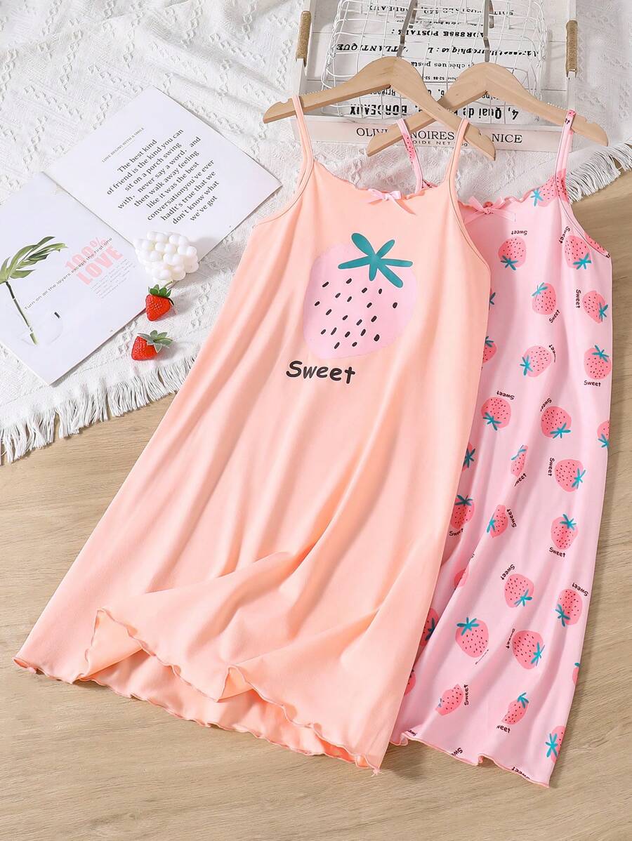 Tween女孩公主優雅甜美風格草莓印花兩套睡衣連衣裙，舒適休閒兩套睡衣連衣裙 - 粉色 - 查看 1