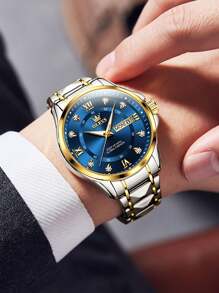 OLEVS. OLEVS Men's Waterproof Watches Stainless Steel Waterproof Chronograph Wrist Watches Luxury Dress White Luminous Big Face Analog Quartz Male Watches - 金藍色 - 查看 3
