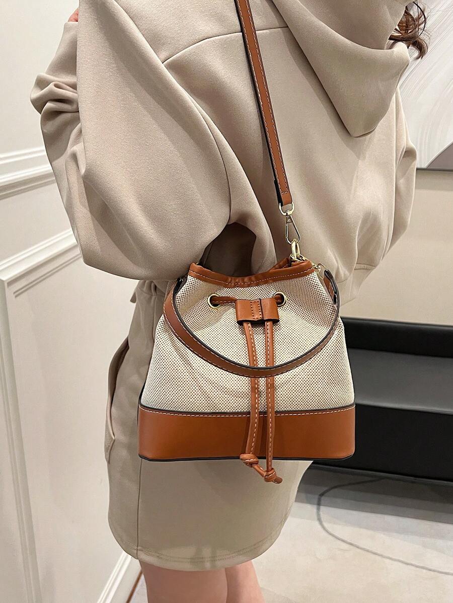 2024 New Women Canvas Color-Blocked Bucket Bag With Drawstring Handle, Great Texture And Versatility As Satchel, Shoulder Or Crossbody Bag
