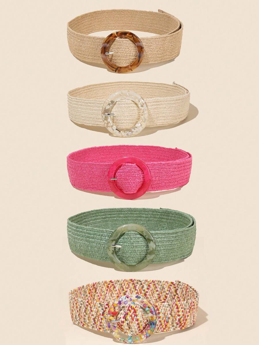 1pc Women's Elastic Woven Wide Bohemian Style Round Buckle Faux Fur Belt Summer, School Fall, Autumn, Halloween - A - View 1