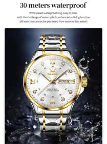 OLEVS. OLEVS Men's Waterproof Watches Stainless Steel Waterproof Chronograph Wrist Watches Luxury Dress White Luminous Big Face Analog Quartz Male Watches - 金白 - 查看 5