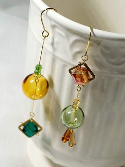 1 Pair Original Summer Fresh Color Handmade Glass Ball & Acrylic Asymmetrical Long Dangle Earrings Suitable For Women Daily Wear