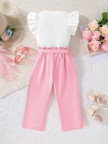 Tween Girl Butterfly Pattern Printed Ruffled Short Sleeve Tee And Paper Bag Waist Belted Long Pants For Spring/Summer - Pink - View 2