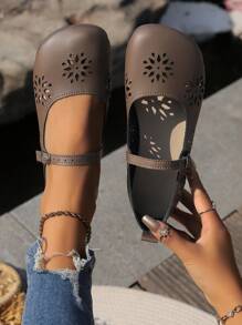 复古低跟镂空护士鞋平底乐福鞋，秋季复古低跟鞋大码休闲鞋 - 卡其色 - 查看 1