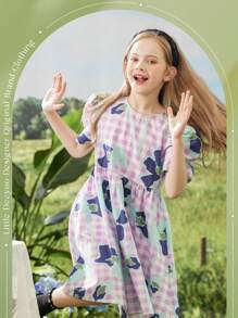 1 pièce Robe casual imprimée avec manches plissées pour filles pré-adolescentes, été