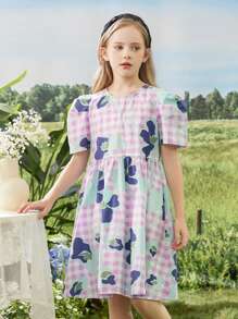 1 pièce Robe casual imprimée avec manches plissées pour filles pré-adolescentes, été