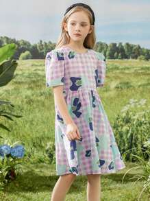 1 pièce Robe casual imprimée avec manches plissées pour filles pré-adolescentes, été