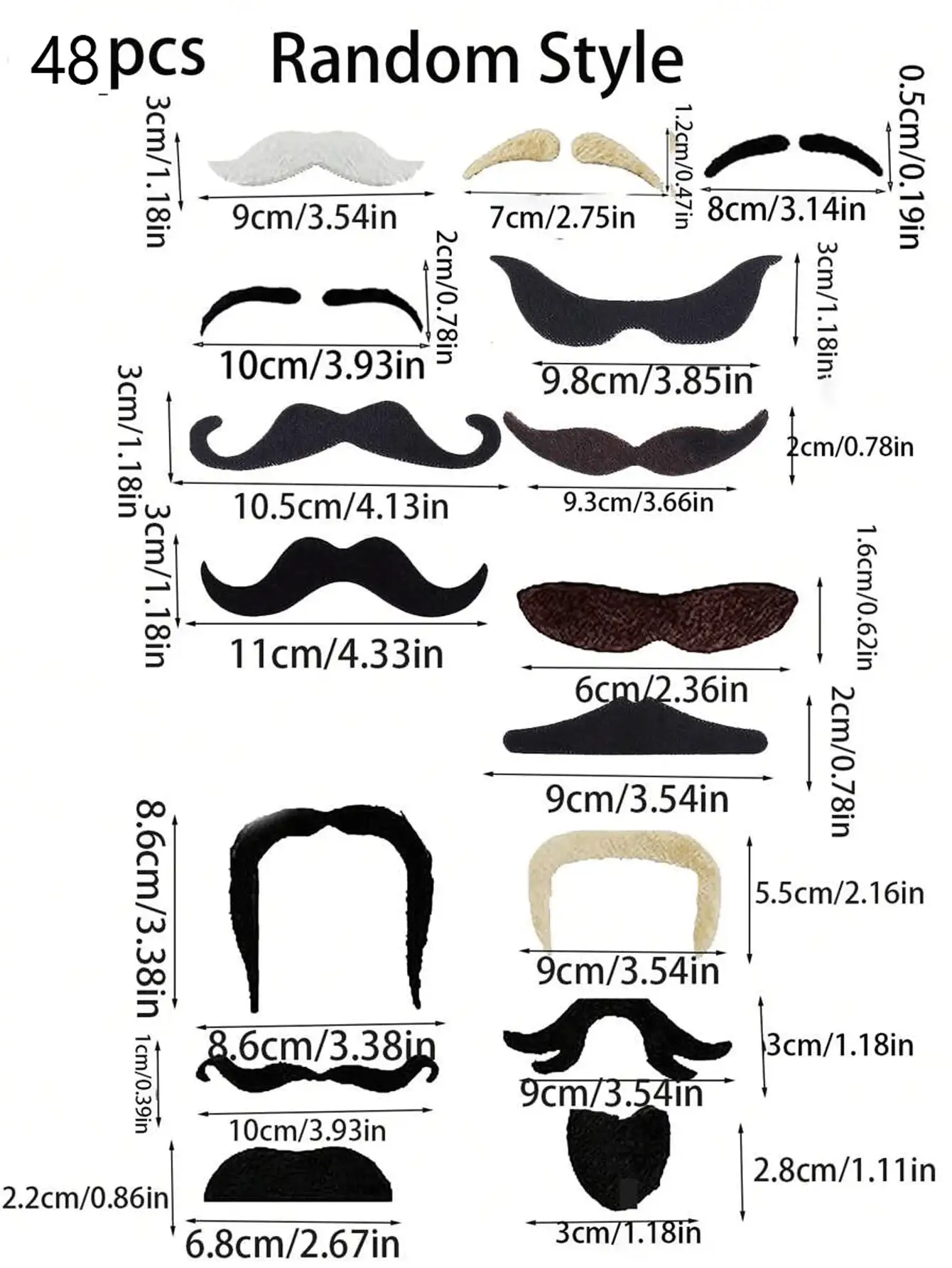 48 件儿童派对胡须照片道具，黑色自粘假胡须，化妆舞会服装创意胡须，返校照片道具，派对用品。