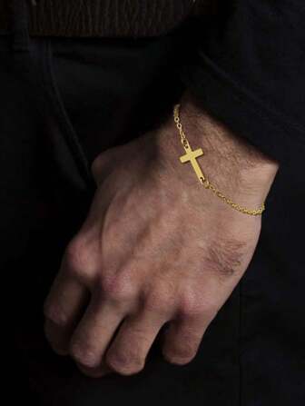 1pc Stainless Steel European And American Men Hipp-Hop Punk Stylish Bracelet With Cross Chain For Streetwear