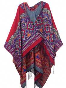 歐美風格加厚旅行披肩，設有分裂，自拍、雲南和西藏編織披肩保暖冷氣房 - 紅色 - 查看 2