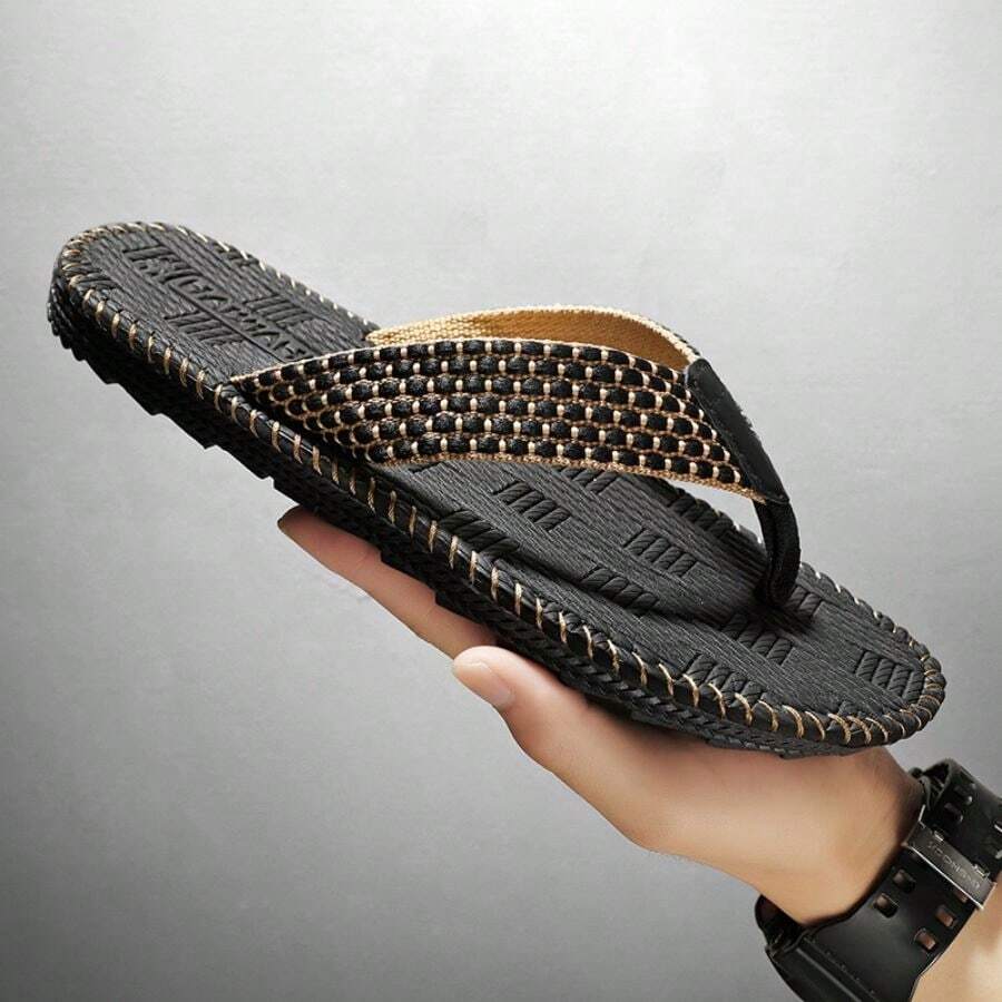 Men's Flip Flops With Woven Texture Soles - Black - View 1