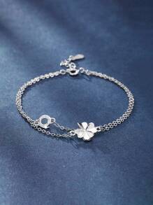 1 pieza Pulsera de plata de ley 925 con elegante trébol de cuatro hojas, letras romanas y circonita cúbica artificial - Plateado - Ver 2