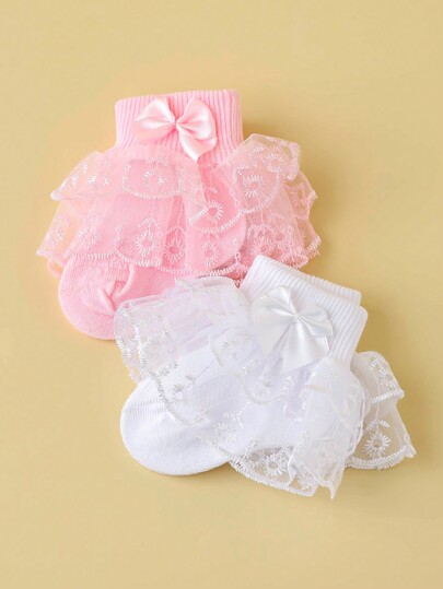 2 زوج من جوارب الأميرة الناعمة والمريحة والعصرية والجميلة واللطيفة للبنات الرضع باللونين الأبيض والوردي للارتداء اليومي