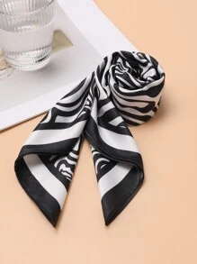 1PC Ladies Psychedelic Geo Print Square Scarf Elegant Neckerchief Bandana Women Satin Head Scarf Hair Accessories Boho Bandana,Hair Band,Head Band Ideal For Dressing Up Your Look - Black and White - View 5