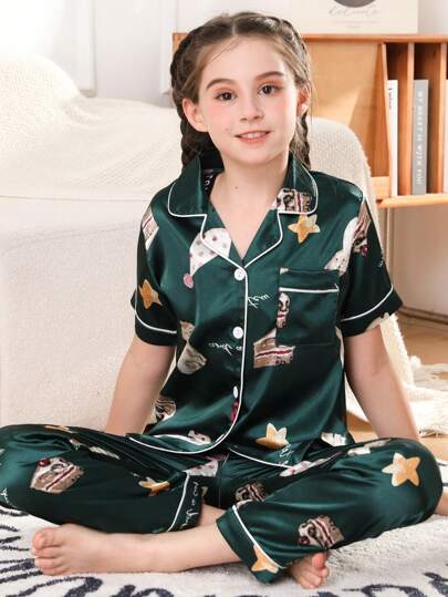 2 件套青少年女童睡衣套装，短袖和长裤，冰丝材质，蛋糕印花图案，夏季开领家居服，适合青少年中期女孩