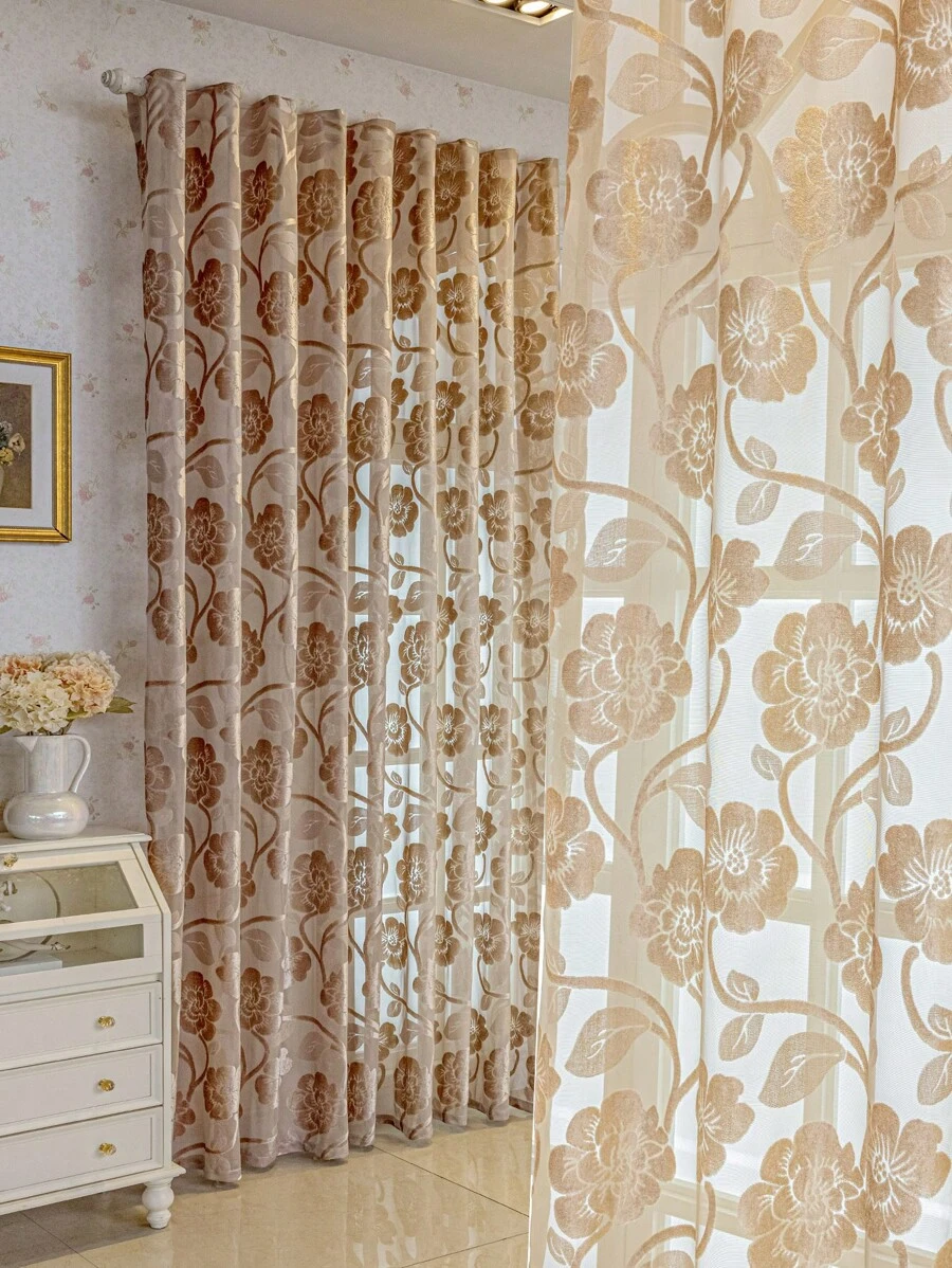 1入貝傑色毛絨蓮花設計房間裝飾透光窗簾，以聚酯纖維物料製成的毛絨半遮光窗簾，適用於臥室和客廳裝飾 - 咖啡棕 - 查看 1