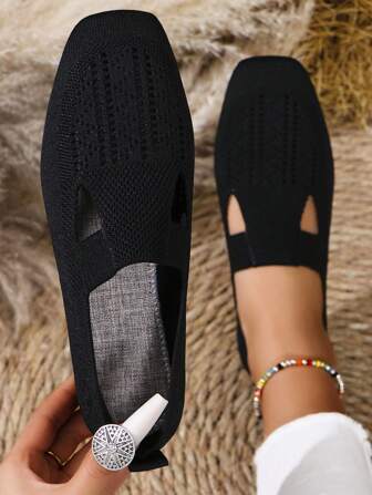 Knitted Flat Square Toe Loafers Slip-On Mom Casual Shoes Spring Autumn Breathable Anti-Skid Comfortable Low Vamp Flat Shoes Valentines