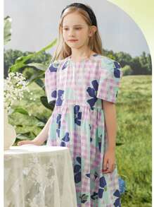 1 pièce Robe casual imprimée avec manches plissées pour filles pré-adolescentes, été