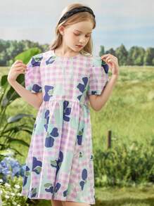 1 pièce Robe casual imprimée avec manches plissées pour filles pré-adolescentes, été
