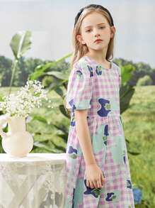 1 pièce Robe casual imprimée avec manches plissées pour filles pré-adolescentes, été