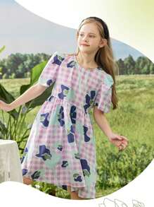 1 pièce Robe casual imprimée avec manches plissées pour filles pré-adolescentes, été