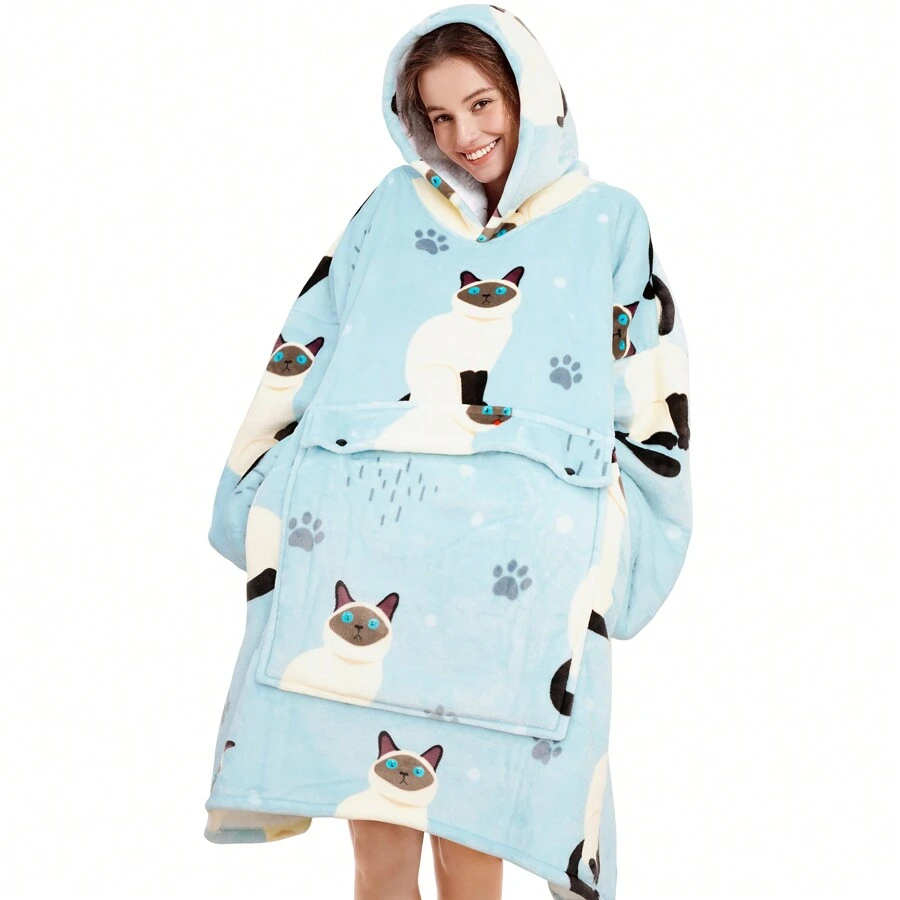 Narecte Oversized Blanket Hoodie Blanket For Women,Wearable Blanket Adult Giant Hoodie Cozy Sweatshirt Kawaii Stuff,Birthday Gifts For Women, For Sister,Teen Girl Gifts - 藍貓 - 查看 1