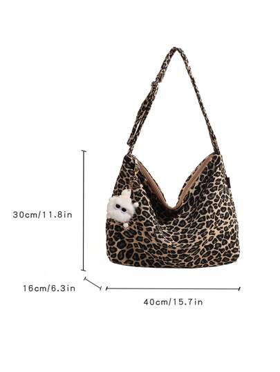 1 pieza Bolso de hombro de gran capacidad con estampado de leopardo en lona, diseño con cremallera antirrobo, bolso cruzado de apto para compras y viajes de mujeres, con correa ajustable y adorno