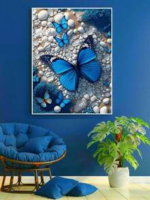 海灘石藍蝴蝶5D新鑽石畫拼貼鑽石貼紙現代藝術全圓形畫掛起來的家居客廳裝飾畫 - 彩色 - 查看 4