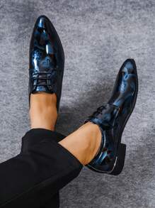 Men Printed Pointed-Toe Lace-Up Low Heel Formal Leather Shoes, British Style, Suitable For Middle-Aged Banquet, Spring And Autumn, PU Barber Shoes