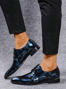 Men Printed Pointed-Toe Lace-Up Low Heel Formal Leather Shoes, British Style, Suitable For Middle-Aged Banquet, Spring And Autumn, PU Barber Shoes