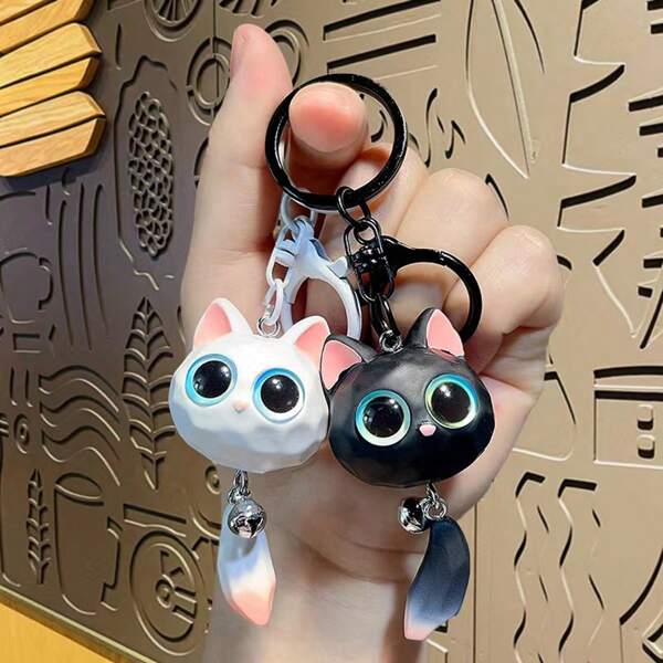 1pc Unisex Cute 3D Resin Big Eye Cat Keychain, Cartoon Cat Head Doll Couple Keyring Bag Charm Car Pendant, Party Favor, Birthday Gift For Friends