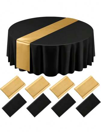 8 pièces de nappe ronde en plastique et 1 chemin de table en satin de 12" x 108" Kit de nappe ronde de 84" pour fête, table de cercle en plastique pour anniversaire, mariage, Noël (blanc, rouge)