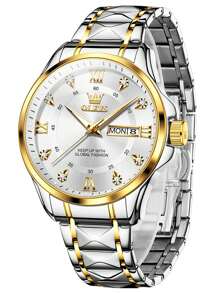OLEVS. OLEVS Men's Waterproof Watches Stainless Steel Waterproof Chronograph Wrist Watches Luxury Dress White Luminous Big Face Analog Quartz Male Watches - 金白 - 查看 2