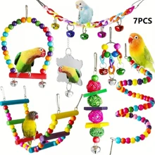 Ensemble de jouets pour oiseaux Ensemble de jouets à mâcher pour perroquets Balançoire Suspension Station Pont Jouet Combinaison Ensemble Jouets Accessoires de Cage pour Oiseaux en Bois Durables Perchoir pour Perroquets Jouet à Balançoire Oiseaux Perles colorées Fournitures pour Oiseaux Cloches Jouets Balançoires Suspendues pour Cage