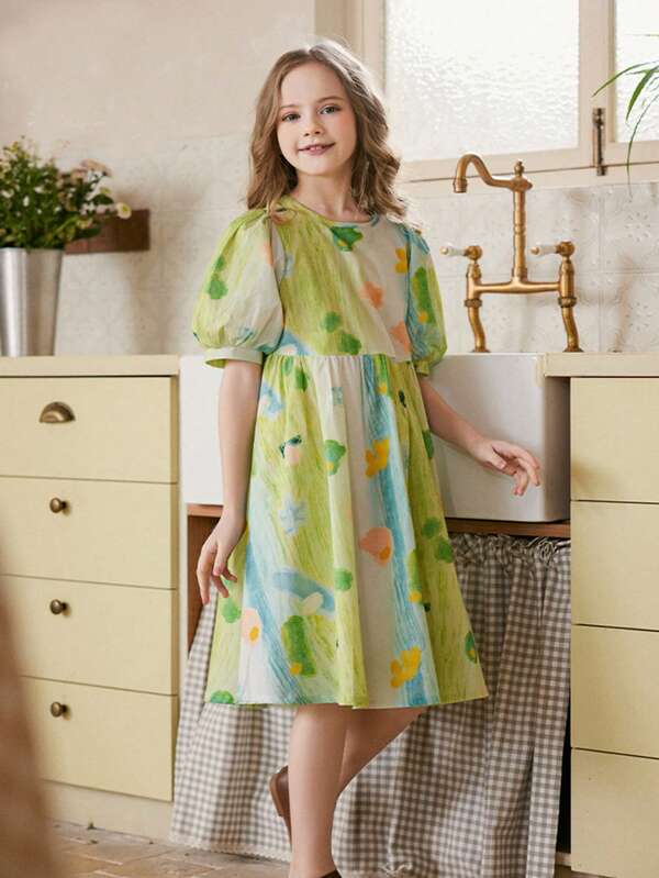 1 pièce Robe d'été pour filles avec imprimé coloré graffiti et manches bouffantes, stylée pour les enfants