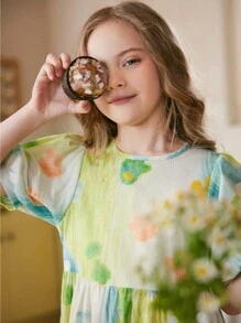 1 pièce Robe d'été pour filles avec imprimé coloré graffiti et manches bouffantes, stylée pour les enfants