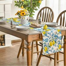 One Blue Lemon Pattern Linen Table Runner, 13*72 Inches Seasonal Spring/Summer Kitchen Dining Table Decoration, Suitable For Home Party Decoration - Blue - View 2