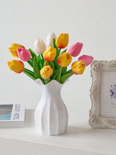 1pc Ceramic Look Plastic Vase Wit Unbreakable Tulips Roses Flowers Home Living Room, Tafel Birthday Graduation Room Flower Glass view 3