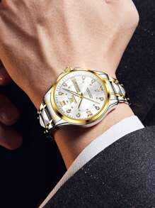OLEVS. OLEVS Men's Waterproof Watches Stainless Steel Waterproof Chronograph Wrist Watches Luxury Dress White Luminous Big Face Analog Quartz Male Watches - 金白 - 查看 4
