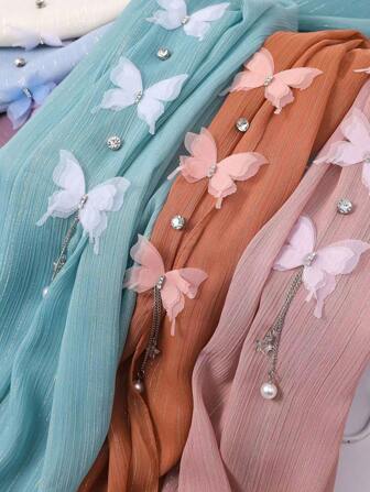 1pc Women New Butterfly Pendant Silver Fabric Crinkle Scarf, Female Headscarf Thin Style Wrap Shawl, All Season Hijab For Dress