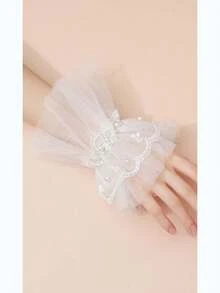 2入組夢幻蕾絲短款新娘/伴娘手套，網紗蝴蝶結，鑽石和珍珠點綴，蕾絲短款手套 - 白色 - 查看 6