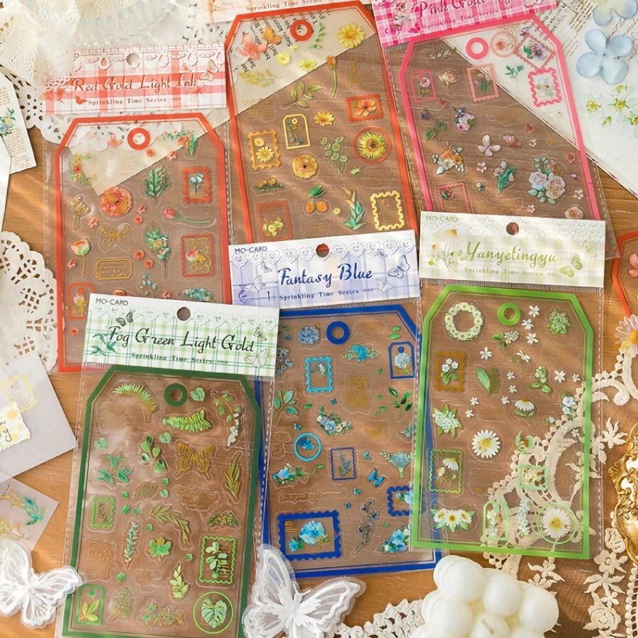 3 件/包复古花卉和植物装饰贴纸，创意美学贴纸，适用于剪贴簿、DIY 工艺品、礼品、个性化、学校用品（6 种不同设计） - 粉色 - 查看 1