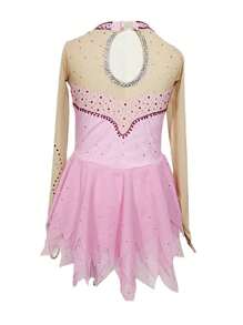 Figure Skating Clothes Adults And Children Customized Pink Long Sleeve Spandex Gauze Performance Dress Competition Training Female Dress Performance Clothing - Pink - View 2