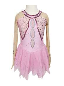 Figure Skating Clothes Adults And Children Customized Pink Long Sleeve Spandex Gauze Performance Dress Competition Training Female Dress Performance Clothing - Pink - View 1