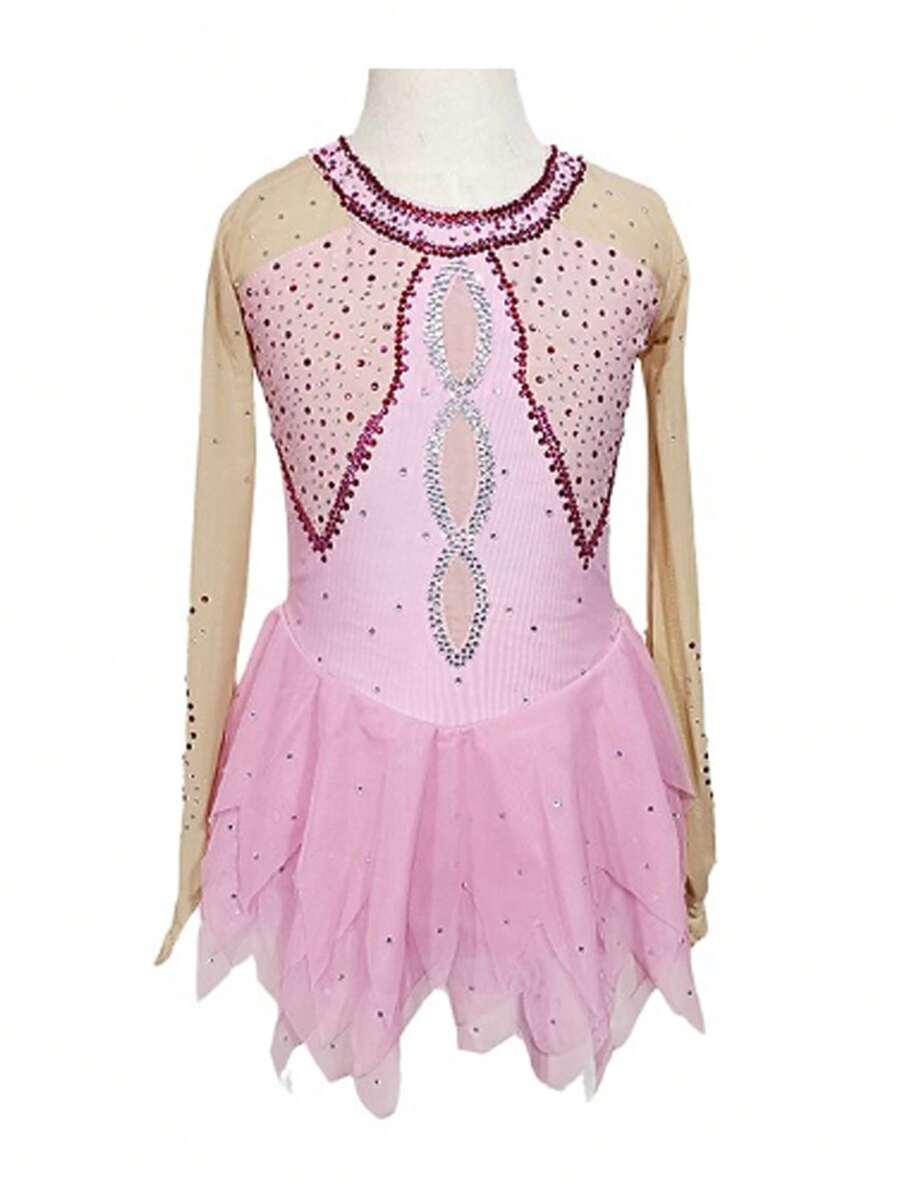 Figure Skating Clothes Adults And Children Customized Pink Long Sleeve Spandex Gauze Performance Dress Competition Training Female Dress Performance Clothing - Pink - View 1